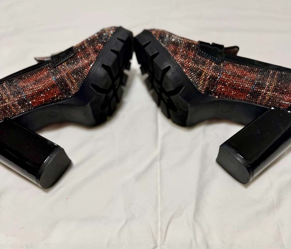 Betsey Johnson Adelyn Rhinestone Plaid Loafer Platform Heels - Picture 5 of 8